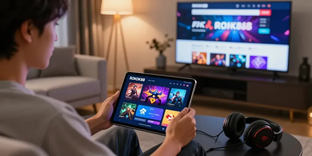 Engaging with ROKOK88 login on a tablet in a cozy living room.