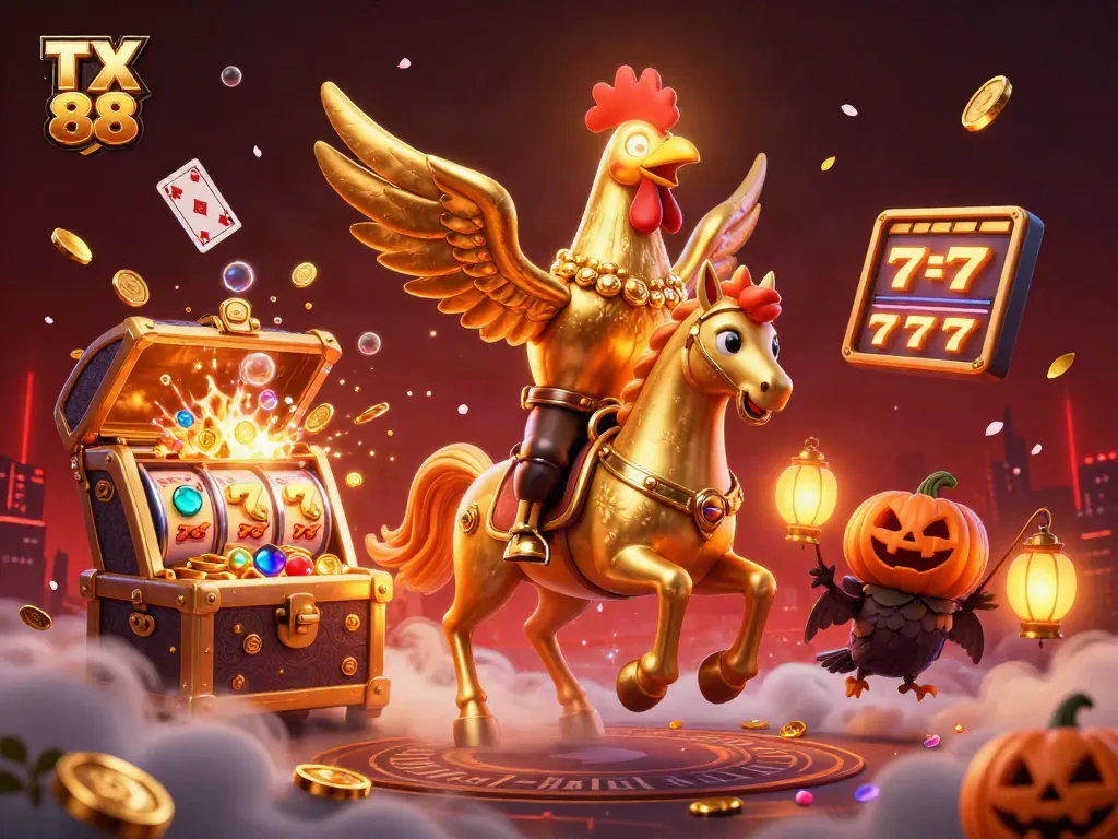 Experience high stakes at TX 88 with a thrilling casino scene featuring golden rooster and wild slot games.