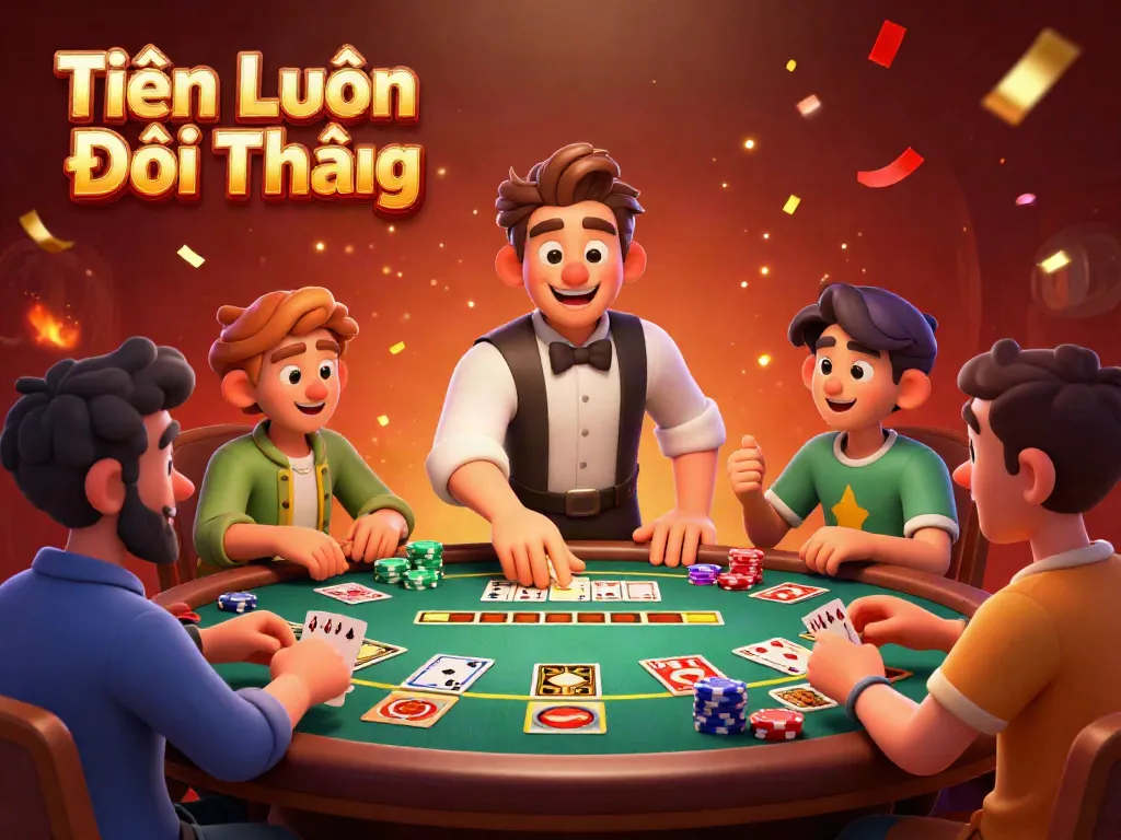 Experience the thrill of Tiến Lên Đổi Thưởng at an exciting casino table filled with vibrant colors and joyful players.