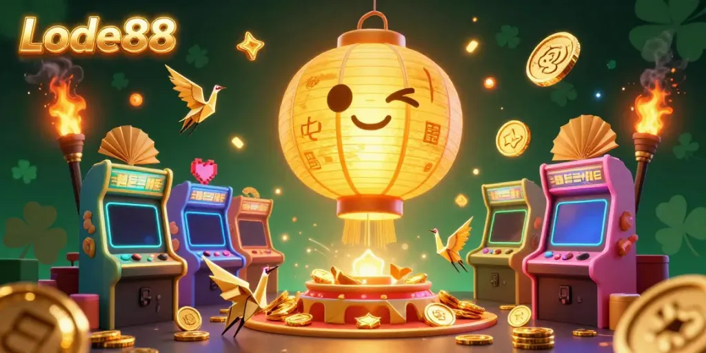 Experience the vibrant world of Lode88 as a golden lantern spirit guides players through an engaging casino atmosphere.