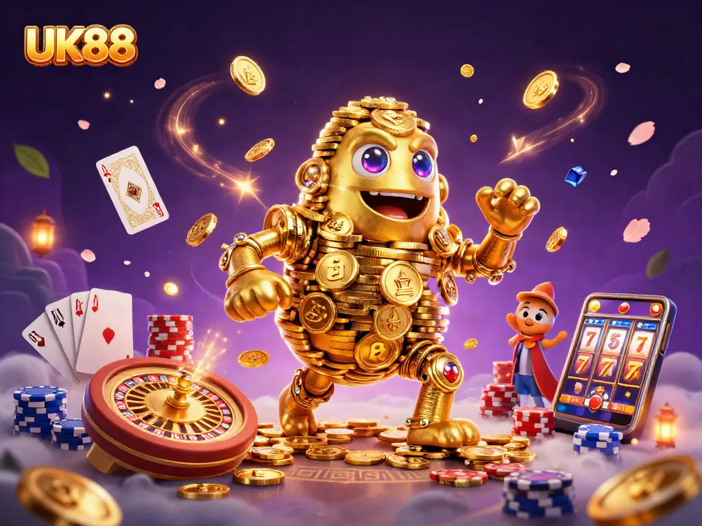 Engage with the immersive UK88 casino scene featuring a colorful golem and slots amidst gold.