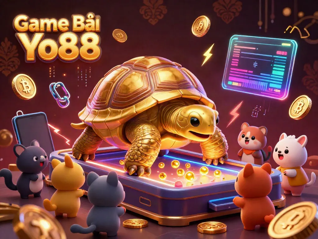 Engage with Game Bài Yo88 in a vibrant 3D illustration featuring a golden tortoise pinball machine surrounded by crypto and playful animals.
