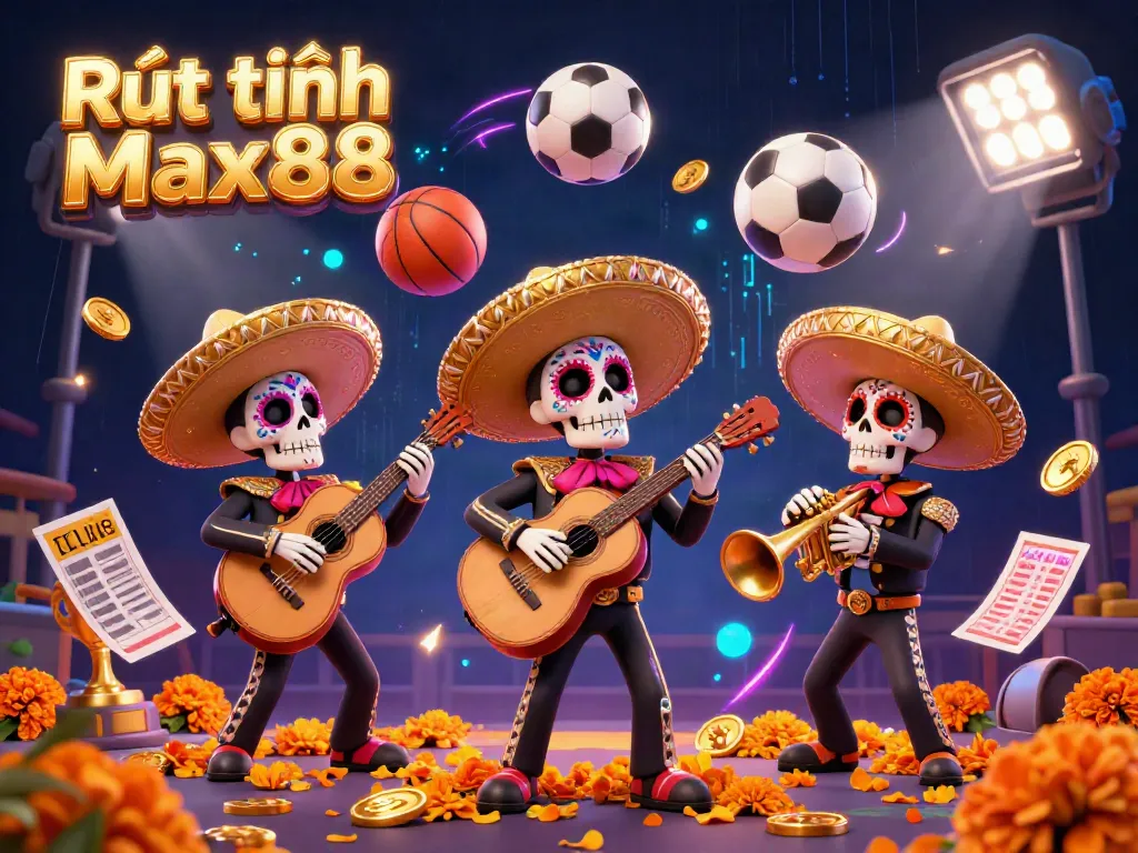 Experience the Rút tiền Max88 action with vibrant skeleton mariachi musicians and dynamic sports elements.