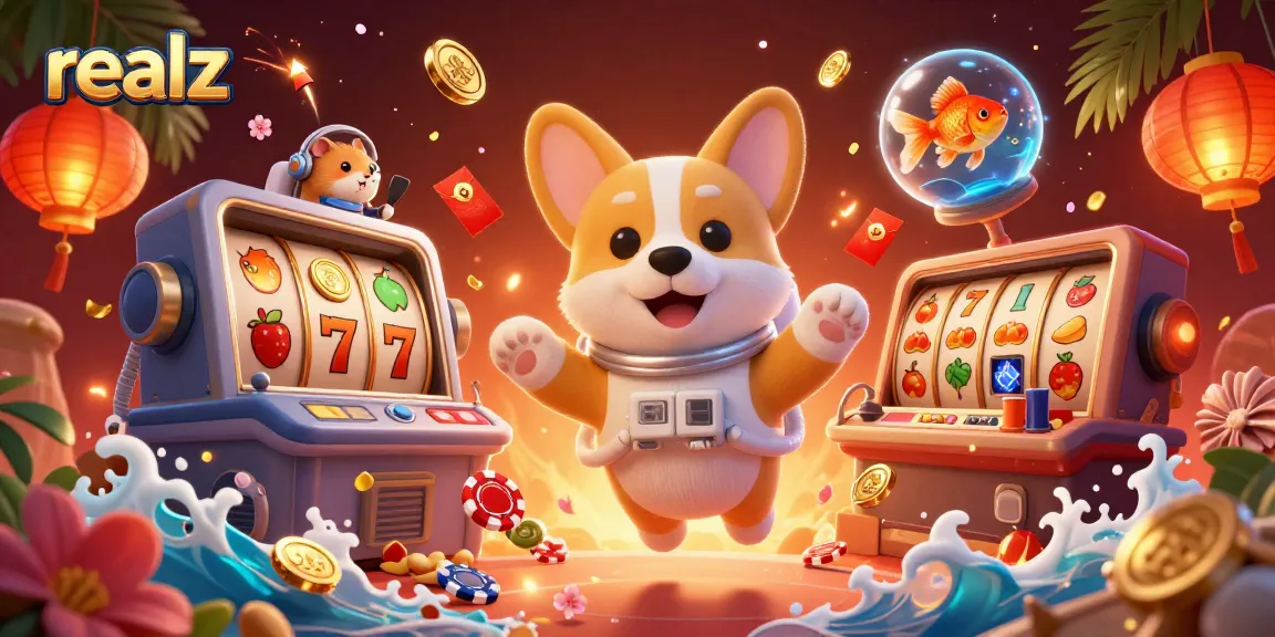 Spin and win with Realz in a floating casino, showcasing thrilling poker chips and vibrant slot reels.